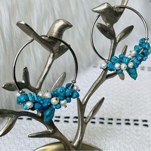 Turquoise Nuggets Freshwater Pearls Silver Tone Hoop Earrings Large
